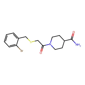 1-{[(2-bromobenzyl)sulfanyl]acetyl}piperidine-4-carboxamide structure