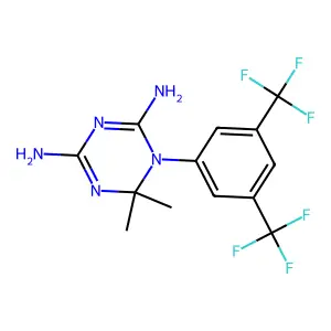 1-[3,5-bis(trifluoromethyl)phenyl]-6,6-dimethyl-1,3,5-triazine-2,4-diamine structure