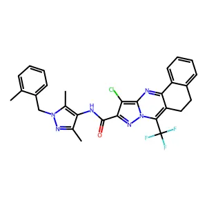 11-chloro-N-[3,5-dimethyl-1-(2-methylbenzyl)-1H-pyrazol-4-yl]-7-(trifluoromethyl)-5,6-dihydrobenzo[h]pyrazolo[5,1-b]quinazoline-10-carboxamide structure