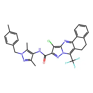 11-chloro-N-[3,5-dimethyl-1-(4-methylbenzyl)-1H-pyrazol-4-yl]-7-(trifluoromethyl)-5,6-dihydrobenzo[h]pyrazolo[5,1-b]quinazoline-10-carboxamide structure