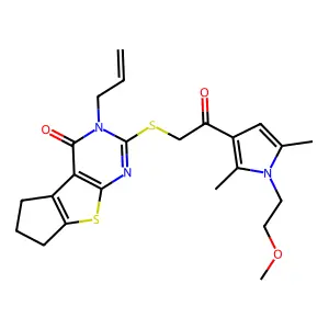 10-[2-[1-(2-methoxyethyl)-2,5-dimethylpyrrol-3-yl]-2-oxoethyl]sulfanyl-11-prop-2-enyl-7-thia-9,11-diazatricyclo[6.4.0.02,6]dodeca-1(8),2(6),9-trien-12-one structure
