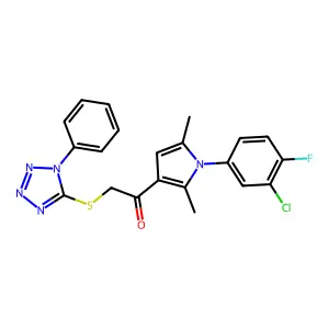 1-[1-(3-chloro-4-fluorophenyl)-2,5-dimethyl-1H-pyrrol-3-yl]-2-[(1-phenyl-1H-tetrazol-5-yl)sulfanyl]ethanone structure