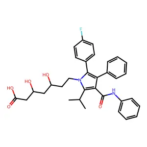 (3S,5S)-7-[2-(4-fluorophenyl)-3-phenyl-4-(phenylcarbamoyl)-5-propan-2-ylpyrrol-1-yl]-3,5-dihydroxyheptanoic acid structure