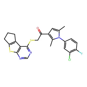 1-[1-(3-chloro-4-fluorophenyl)-2,5-dimethylpyrrol-3-yl]-2-(7-thia-9,11-diazatricyclo[6.4.0.02,6]dodeca-1(8),2(6),9,11-tetraen-12-ylsulfanyl)ethanone structure