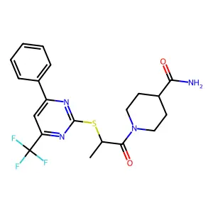 1-[2-[4-phenyl-6-(trifluoromethyl)pyrimidin-2-yl]sulfanylpropanoyl]piperidine-4-carboxamide structure