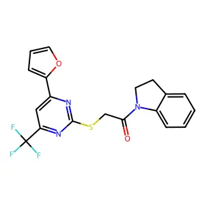 1-(2,3-dihydroindol-1-yl)-2-[4-(furan-2-yl)-6-(trifluoromethyl)pyrimidin-2-yl]sulfanylethanone structure
