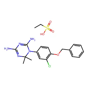 1-(3-chloro-4-phenylmethoxyphenyl)-6,6-dimethyl-1,3,5-triazine-2,4-diamine;ethanesulfonic acid structure