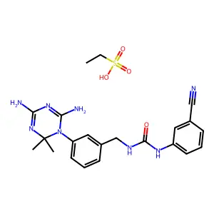1-(3-cyanophenyl)-3-[[3-(4,6-diamino-2,2-dimethyl-1,3,5-triazin-1-yl)phenyl]methyl]urea;ethanesulfonic acid structure