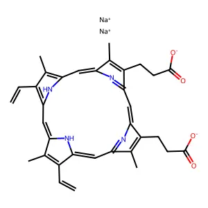 disodium3-[18-(2-carboxylatoethyl)-8,13-bis(ethenyl)-3,7,12,17-tetramethyl-22,23-dihydroporphyrin-2-yl]propanoate structure