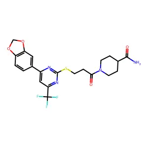 1-(3-((4-(benzo[d][1,3]dioxol-5-yl)-6-(trifluoromethyl)pyrimidin-2-yl)thio)propanoyl)piperidine-4-carboxamide structure