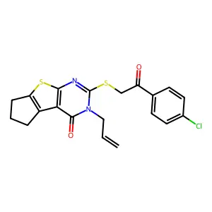 10-[2-(4-chlorophenyl)-2-oxoethyl]sulfanyl-11-prop-2-enyl-7-thia-9,11-diazatricyclo[6.4.0.02,6]dodeca-1(8),2(6),9-trien-12-one structure