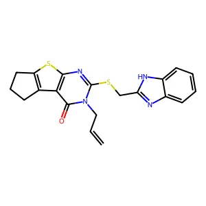 10-(1H-benzimidazol-2-ylmethylsulfanyl)-11-prop-2-enyl-7-thia-9,11-diazatricyclo[6.4.0.02,6]dodeca-1(8),2(6),9-trien-12-one structure