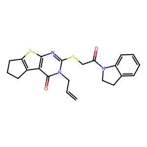 10-[2-(2,3-dihydroindol-1-yl)-2-oxoethyl]sulfanyl-11-prop-2-enyl-7-thia-9,11-diazatricyclo[6.4.0.02,6]dodeca-1(8),2(6),9-trien-12-one structure