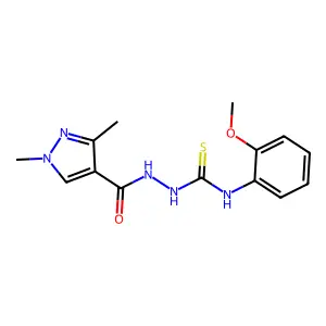 1-[(1,3-dimethylpyrazole-4-carbonyl)amino]-3-(2-methoxyphenyl)thiourea structure