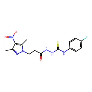 1-[3-(3,5-dimethyl-4-nitropyrazol-1-yl)propanoylamino]-3-(4-fluorophenyl)thiourea structure