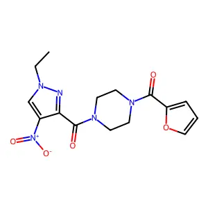 1-({1-ethyl-4-nitro-1H-pyrazol-3-yl}carbonyl)-4-(2-furoyl)piperazine structure