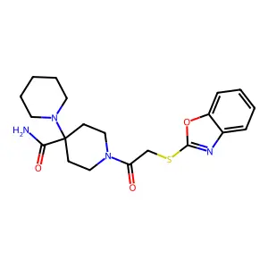 1-[2-(1,3-benzoxazol-2-ylsulfanyl)acetyl]-4-piperidin-1-ylpiperidine-4-carboxamide structure
