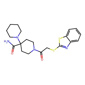 1-[2-(1,3-benzothiazol-2-ylsulfanyl)acetyl]-4-piperidin-1-ylpiperidine-4-carboxamide structure