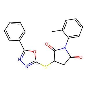1-(2-methylphenyl)-3-[(5-phenyl-1,3,4-oxadiazol-2-yl)sulfanyl]pyrrolidine-2,5-dione structure