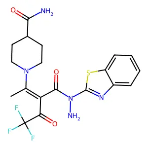 1-[(2Z)-3-{[1-(1,3-benzothiazol-2-yl)hydrazinyl]carbonyl}-5,5,5-trifluoro-4-oxopent-2-en-2-yl]piperidine-4-carboxamide structure