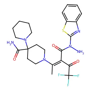 1'-[(2Z)-3-{[1-(1,3-benzothiazol-2-yl)hydrazinyl]carbonyl}-5,5,5-trifluoro-4-oxopent-2-en-2-yl]-1,4'-bipiperidine-4'-carboxamide structure