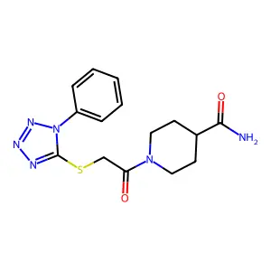 1-{[(1-phenyl-1H-tetrazol-5-yl)sulfanyl]acetyl}piperidine-4-carboxamide structure
