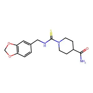 1-[(1,3-benzodioxol-5-ylmethylamino)-sulfanylidenemethyl]-4-piperidinecarboxamide structure
