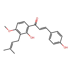 1-[2-hydroxy-4-methoxy-3-(3-methylbut-2-enyl)phenyl]-3-(4-hydroxyphenyl)prop-2-en-1-one structure