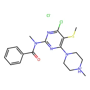 N-[4-chloro-6-(4-methylpiperazin-4-ium-1-yl)-5-methylsulfanylpyrimidin-2-yl]-N-methylbenzamide chloride structure