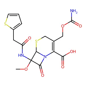 (6S,7R)-3-(carbamoyloxymethyl)-7-methoxy-8-oxo-7-[(2-thiophen-2-ylacetyl)amino]-5-thia-1-azabicyclo[4.2.0]oct-2-ene-2-carboxylic acid structure