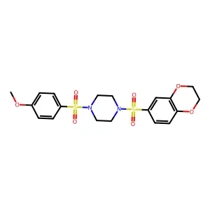 1-(2,3-dihydro-1,4-benzodioxin-6-ylsulfonyl)-4-[(4-methoxyphenyl)sulfonyl]piperazine structure