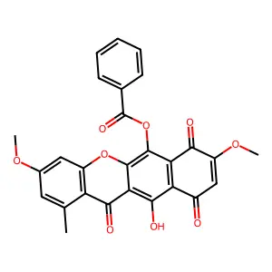 10H-Benzo(b)xanthene-7,10,12-trione, 6,11-dihydroxy-3,8-dimethoxy-1-methyl-, 6-benzoate structure
