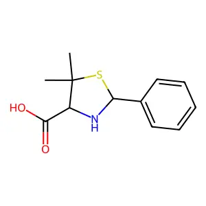 5,5-dimethyl-2-phenyl-1,3-thiazolidine-4-carboxylic acid structure