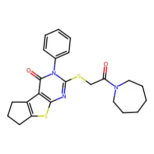 10-[2-(azepan-1-yl)-2-oxoethyl]sulfanyl-11-phenyl-7-thia-9,11-diazatricyclo[6.4.0.02,6]dodeca-1(8),2(6),9-trien-12-one structure