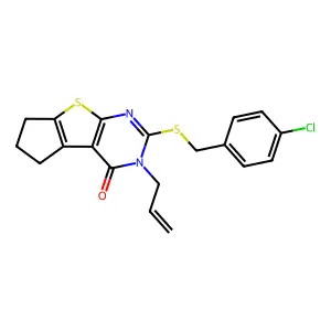 10-[(4-chlorophenyl)methylsulfanyl]-11-prop-2-enyl-7-thia-9,11-diazatricyclo[6.4.0.02,6]dodeca-1(8),2(6),9-trien-12-one structure