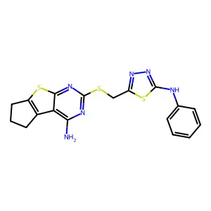 10-[(5-anilino-1,3,4-thiadiazol-2-yl)methylsulfanyl]-7-thia-9,11-diazatricyclo[6.4.0.02,6]dodeca-1(12),2(6),8,10-tetraen-12-amine structure