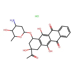 5, 9-acetyl-7-[(3-amino-2,3,6-trideoxy- .alpha.-L-lyxo-hexopyranosyl)oxy]-7,8,9,10-tetrahydro- 6,9,11-trihydroxy-, hydrochloride, (7S-cis)- structure