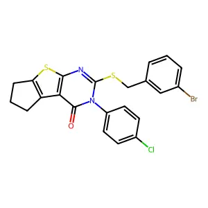 10-[(3-bromophenyl)methylsulfanyl]-11-(4-chlorophenyl)-7-thia-9,11-diazatricyclo[6.4.0.02,6]dodeca-1(8),2(6),9-trien-12-one structure