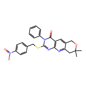 13,13-dimethyl-5-[(4-nitrophenyl)methylsulfanyl]-6-phenyl-12-oxa-2,4,6-triazatricyclo[8.4.0.03,8]tetradeca-1,3(8),4,9-tetraen-7-one structure