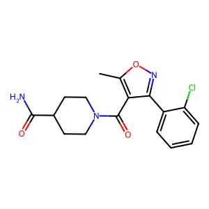 1-[3-(2-chlorophenyl)-5-methyl-1,2-oxazole-4-carbonyl]piperidine-4-carboxamide structure