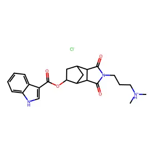 3-[(1R,7R)-8-(1H-indole-3-carbonyloxy)-3,5-dioxo-4-azatricyclo[5.2.1.02,6]decan-4-yl]propyl-dimethylazanium chloride structure