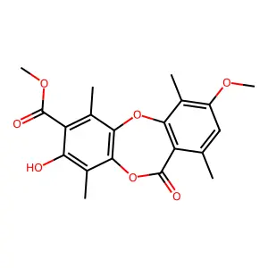 11H-Dibenzo[b,e][1,4]dioxepin-7-carboxylic acid, 8-hydroxy-3-methoxy-1,4,6,9-tetramethyl-11-oxo-, methyl ester structure
