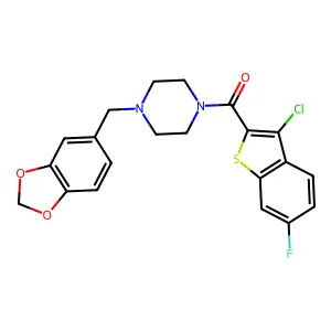 1-(1,3-benzodioxol-5-ylmethyl)-4-[(3-chloro-6-fluoro-1-benzothien-2-yl)carbonyl]piperazine structure