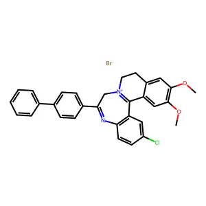 2-chloro-12,13-dimethoxy-6-(4-phenylphenyl)-9,10-dihydro-7H-isoquinolino[2,1-d][1,4]benzodiazepin-8-ium bromide structure