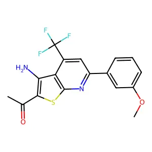 1-[3-amino-6-(3-methoxyphenyl)-4-(trifluoromethyl)thieno[2,3-b]pyridin-2-yl]ethanone structure