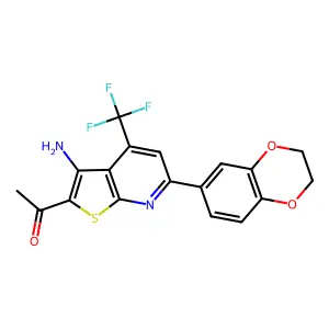 1-[3-amino-6-(2,3-dihydro-1,4-benzodioxin-6-yl)-4-(trifluoromethyl)thieno[2,3-b]pyridin-2-yl]ethanone structure