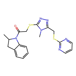 1-(2-Methyl-2,3-dihydro-indol-1-yl)-2-[4-methyl-5-(pyrimidin-2-ylsulfanylmethyl)-4H-[1,2,4]triazol-3-ylsulfanyl]-ethanone structure