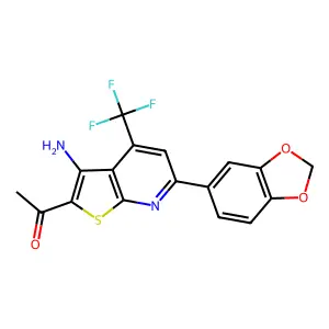 1-[3-amino-6-(1,3-benzodioxol-5-yl)-4-(trifluoromethyl)thieno[2,3-b]pyridin-2-yl]ethanone structure