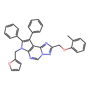 10-(furan-2-ylmethyl)-4-[(2-methylphenoxy)methyl]-11,12-diphenyl-3,5,6,8,10-pentazatricyclo[7.3.0.02,6]dodeca-1(9),2,4,7,11-pentaene structure