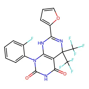 1-(2-fluorophenyl)-7-(furan-2-yl)-5,5-bis(trifluoromethyl)-8H-pyrimido[4,5-d]pyrimidine-2,4-dione structure